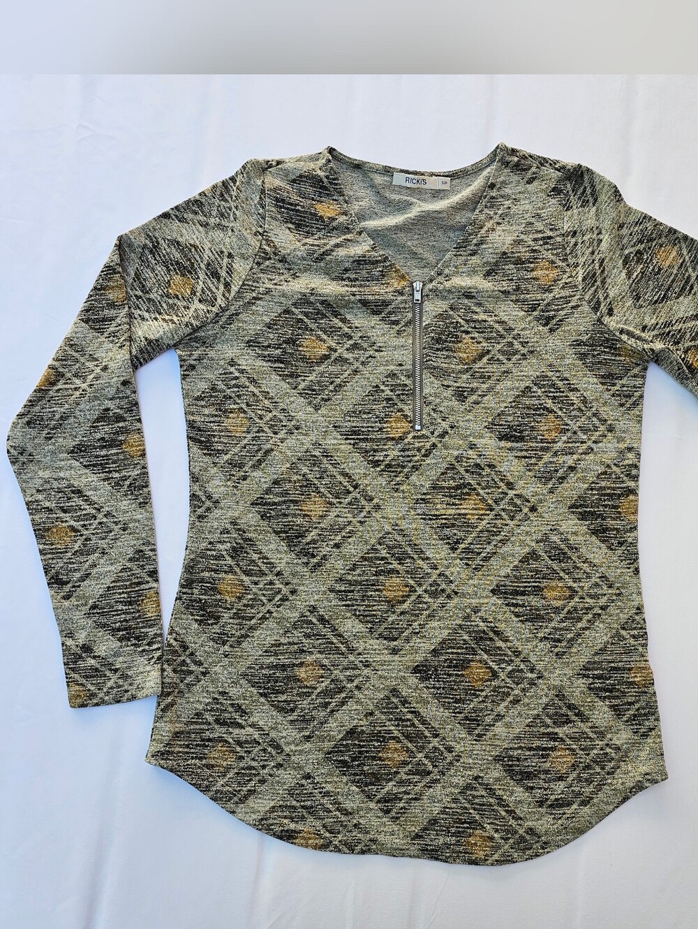 Ricki's Long Sleeve Zip Front Top in Olive Green, Black & Gold